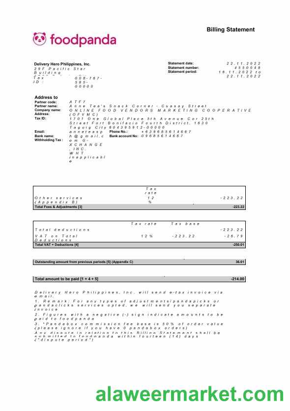 USA New York Foodpanda billing statement Word and PDF template, 4 pages
